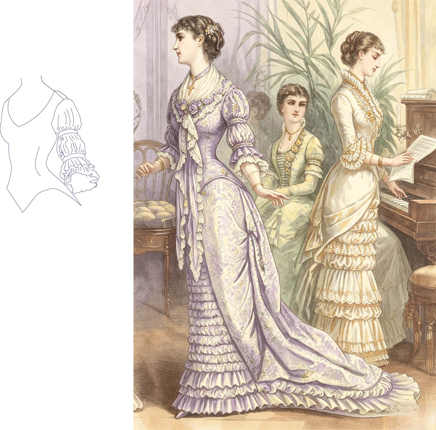 18810201 OLD GOLD BROCADE AND SATIN EVENING TOILETTE vintage sewing pattern PDF