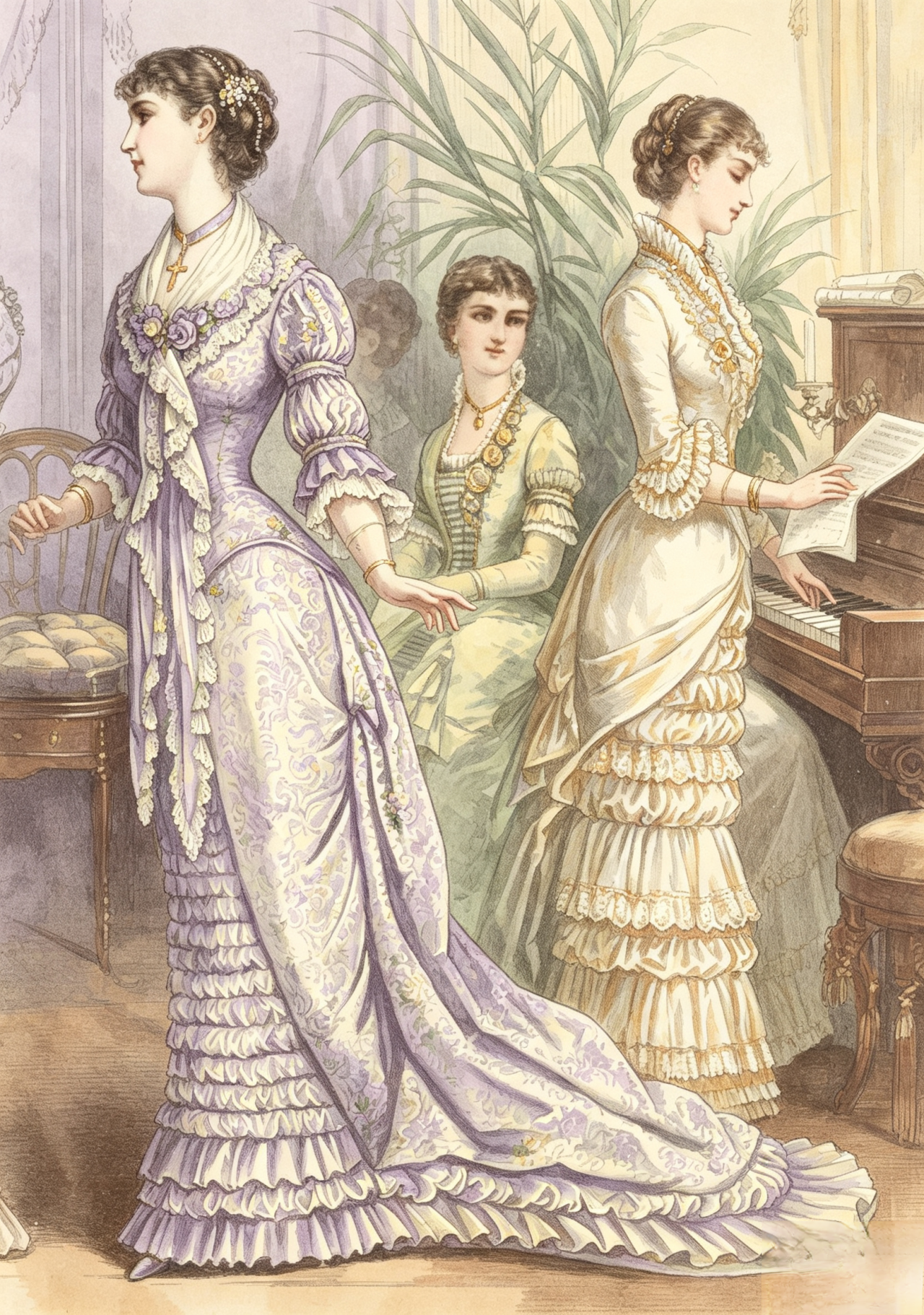 18810201 OLD GOLD BROCADE AND SATIN EVENING TOILETTE vintage sewing pattern PDF