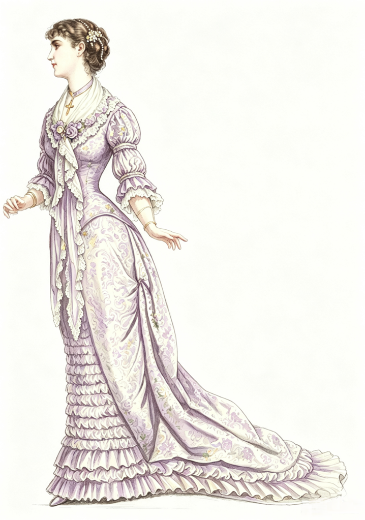 18810201 OLD GOLD BROCADE AND SATIN EVENING TOILETTE vintage sewing pattern PDF
